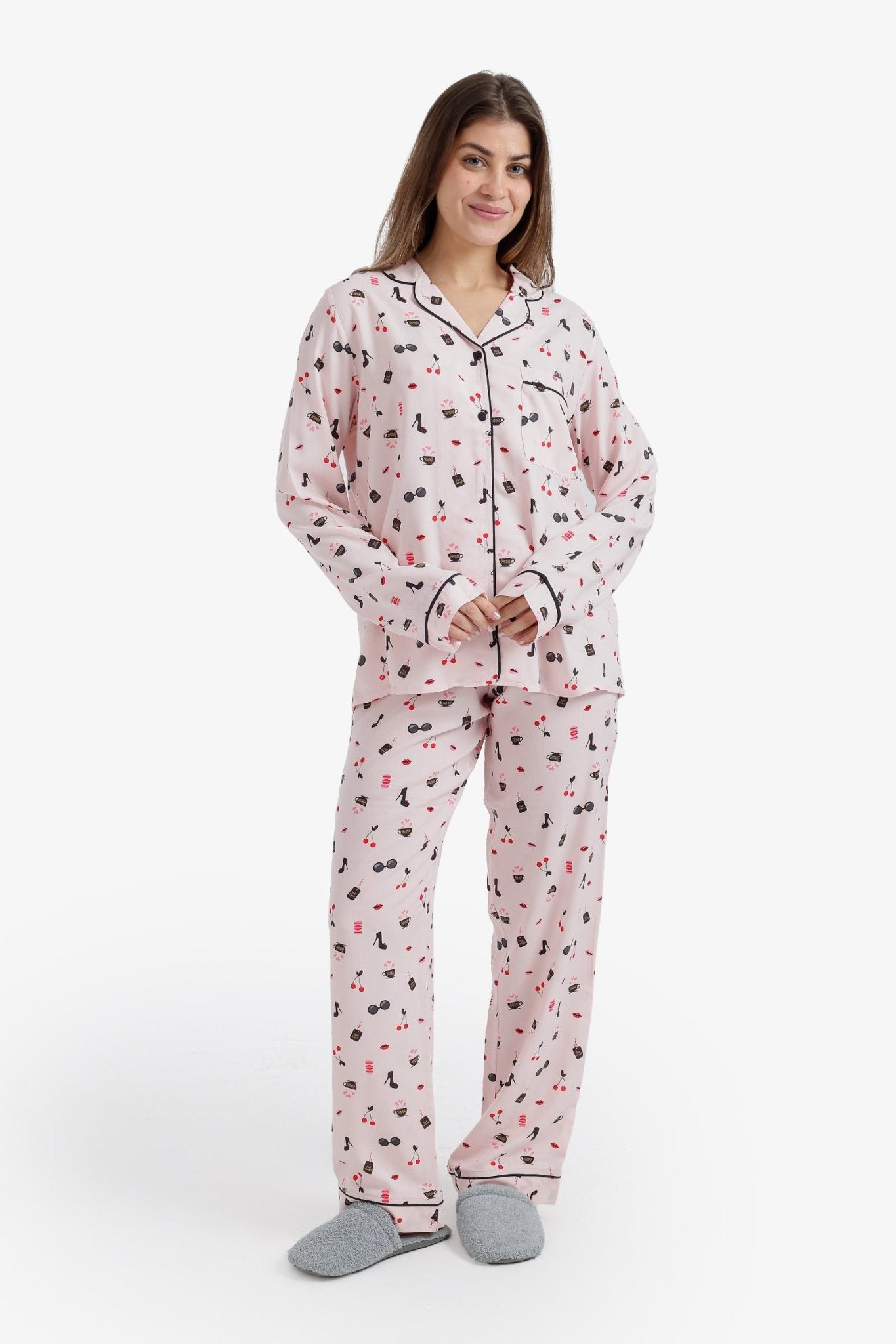 Printed Notch Collar Pyjama Set - Carina - Babazzaro