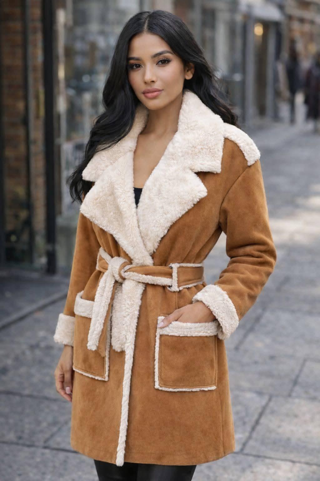 Suede Coat Lined with Fur Inside - Blue Bell - Babazzaro
