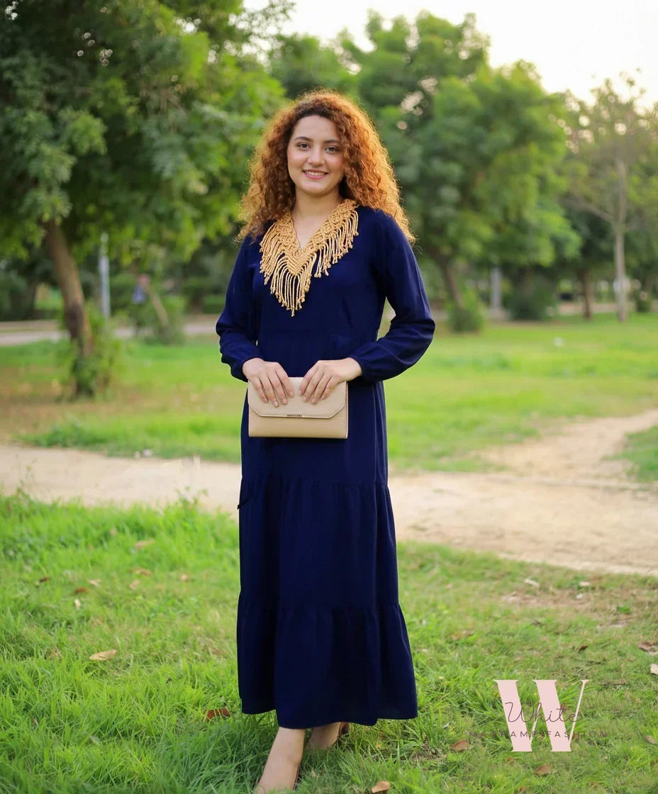 White Fashion - Navy- dress with macrame accessories 2