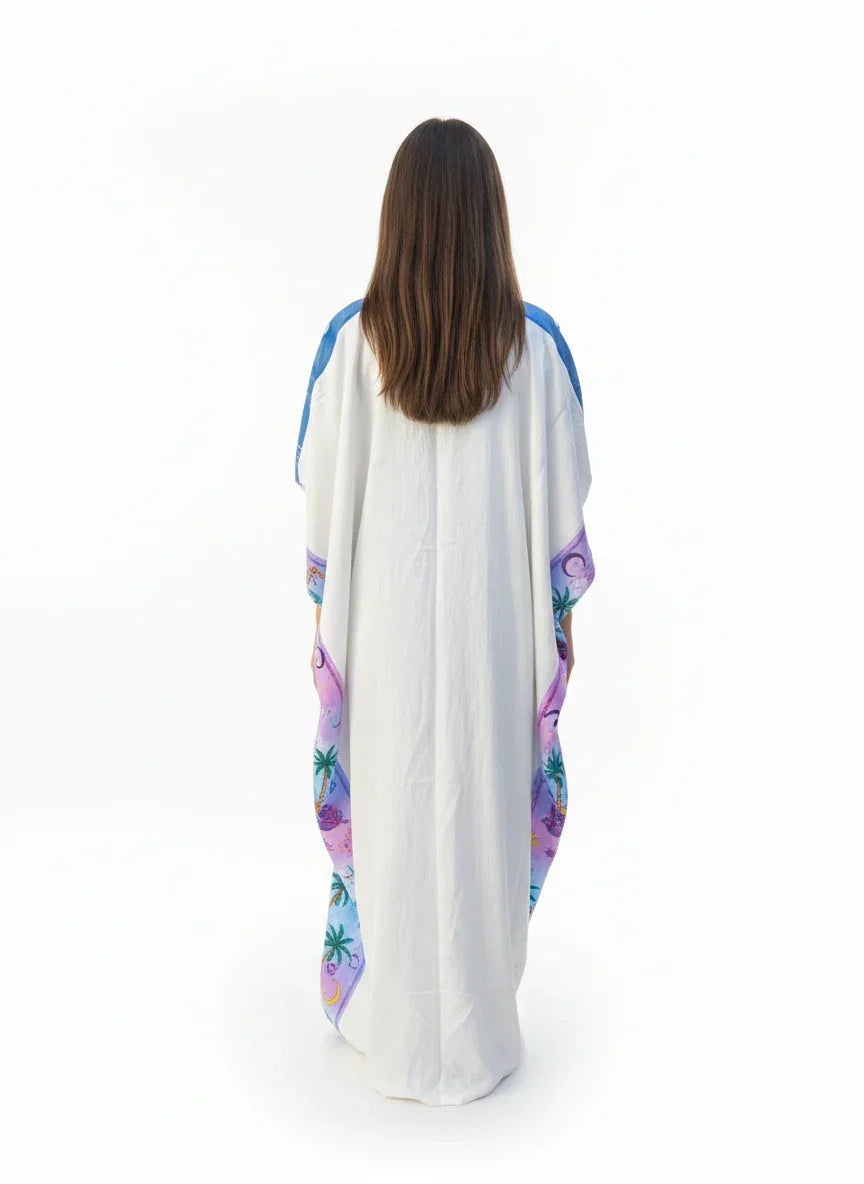 White Kaftan with Multicolor Print - Urbantique - Babazzaro