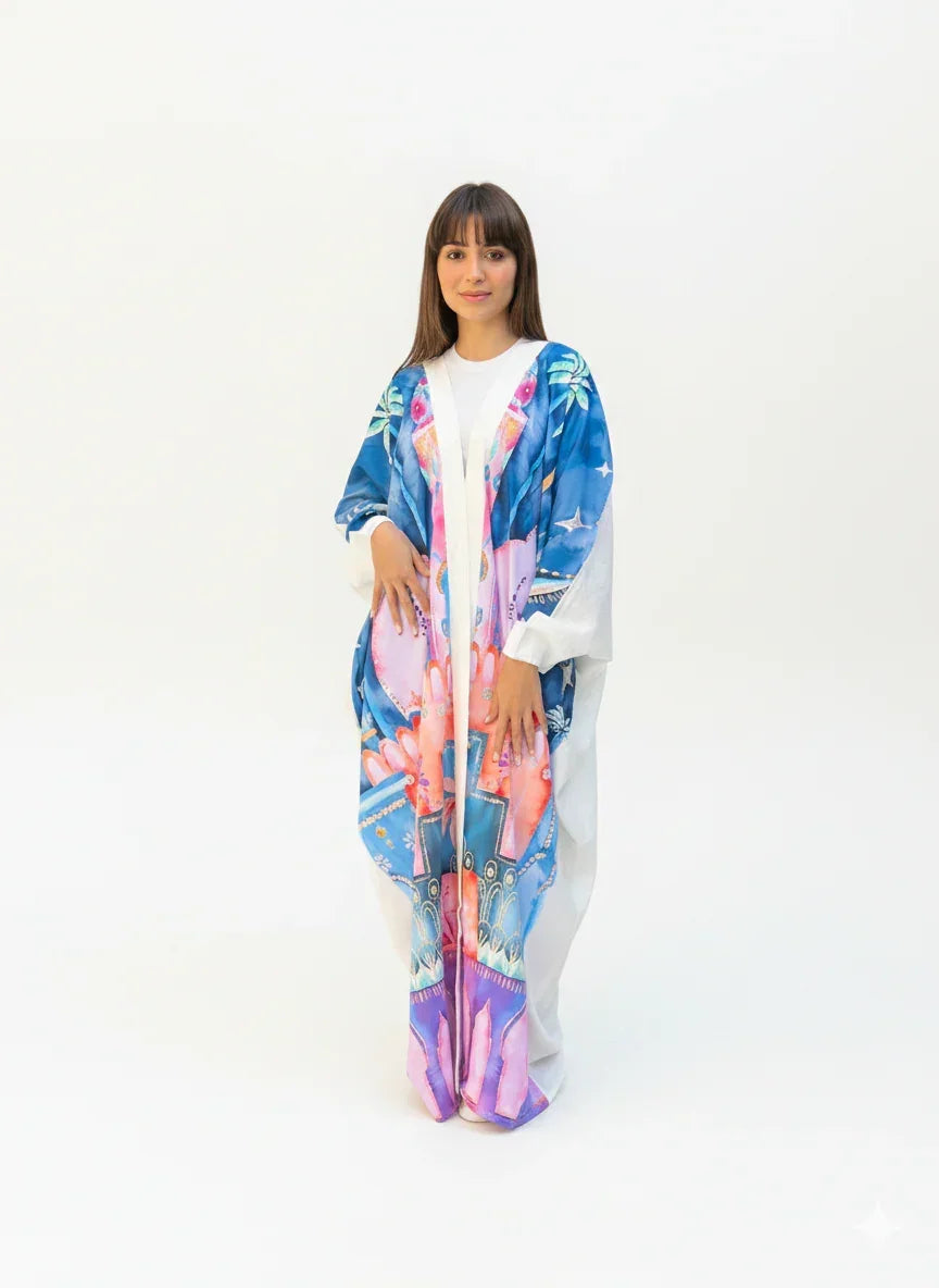 White Kaftan with Multicolor Print - Urbantique - Babazzaro
