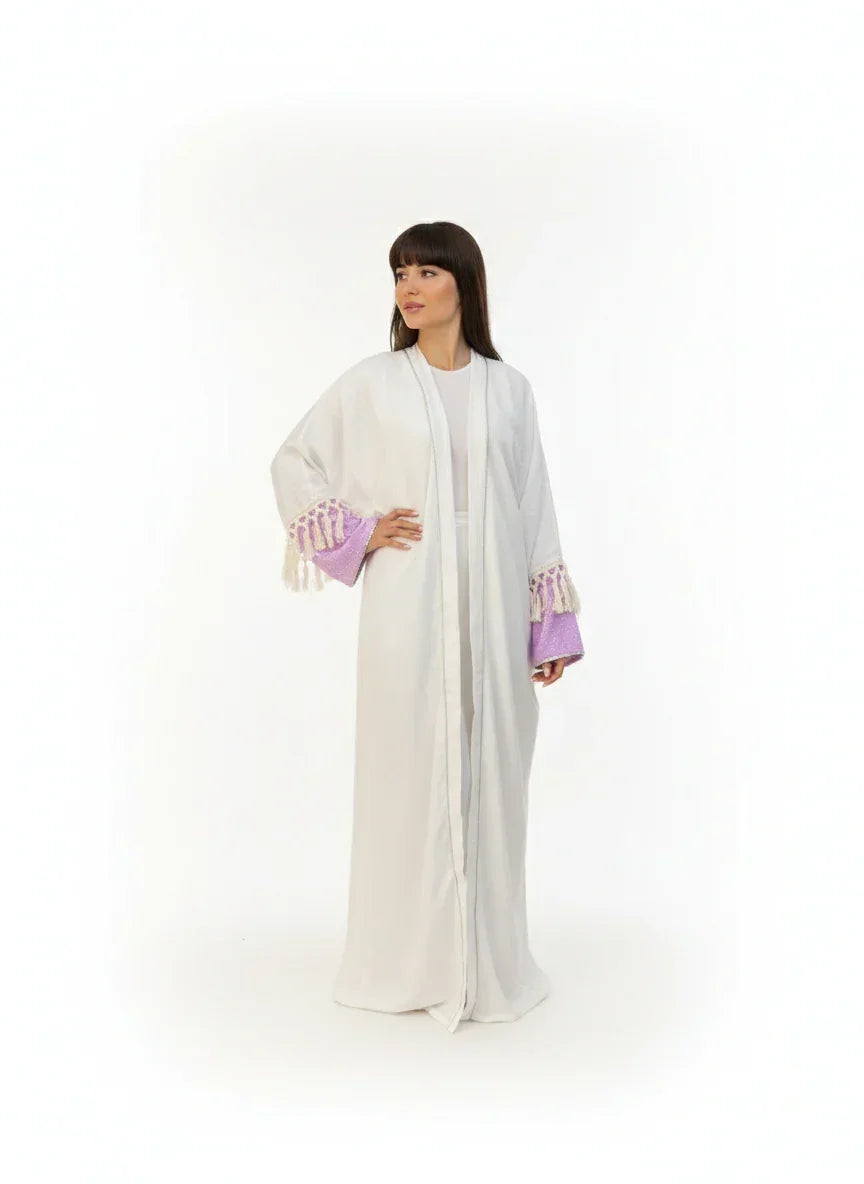 White Linen Kaftan with Tassel Sleeves - Urbantique - Babazzaro